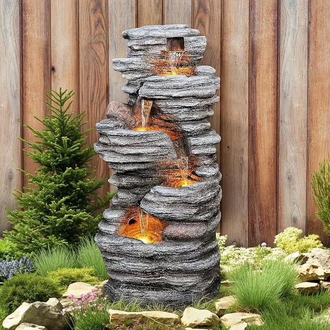 40" Outdoor Water Fountain with LED Lights - 5-Tier Cascading Rock Waterfall Fountain, Natural Rock Look, Ideal for Garden, Landscaping, Patio, Balconies and Yard Decor by GreenHaven Gardens
