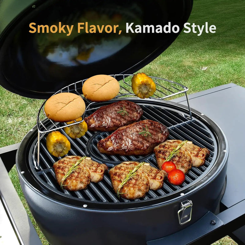 Brand-Man RODEO Steel Kamado Charcoal Grill & Smoker - 22" Cast Iron Grates, Grilling Basket, Large Prep Table Cart, Ideal for Outdoor Cooking by GreenHaven Gardens