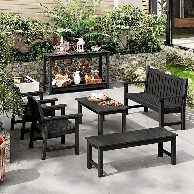 Outdoor Console Table, 48" Weather Resistant HIPS Patio Side Table, 440LBS Weight Capacity, 2-Tier Multifunctional Buffet Bar Storage Organizer for Garden Deck, Black by GreenHaven Gardens