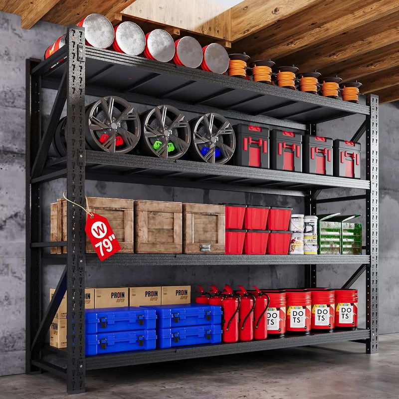 79” W Garage Shelving Heavy Duty, 7000LBS Metal Storage Shelves, 4 Tier Storage Rack Shelf, Steel Industrial Shelving, Adjustable Standing Shelf for Basement/Warehouse 79" W x 24" D x 79" H, Black by GreenHaven Gardens