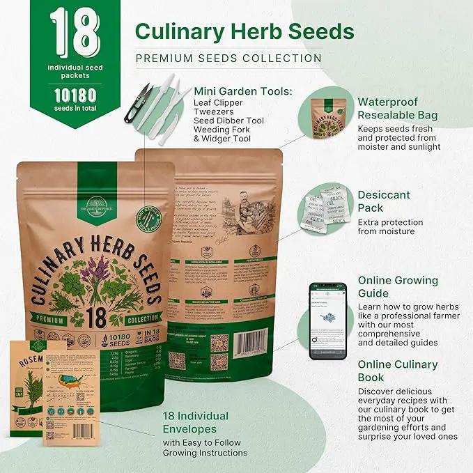 Organo Republic 18 Culinary Herbs Seeds Variety Pack - 10,180+ Heirloom, Non-GMO, Herbs Seeds for Outdoor and Indoor Home Gardening, Including Rosemary, Thyme, Oregano, Mint, Basil, Parsley by GreenHaven Gardens
