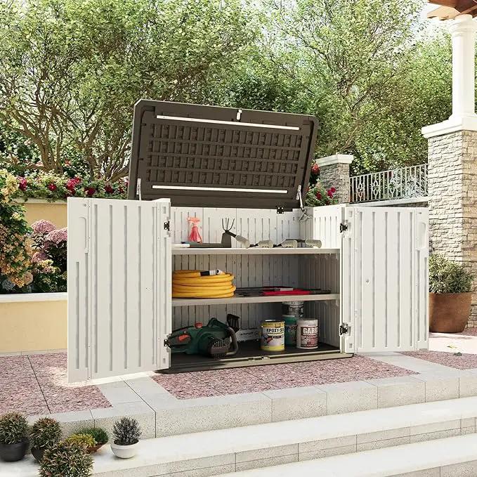 Aoxun 35 Cu.Ft Outdoor Storage Shed with 2 Shelves and Floor, Waterproof Horizontal Resin Cabinet for Trash Cans, Lawn Mowers, Generators, and Garden Tools, White by GreenHaven Gardens