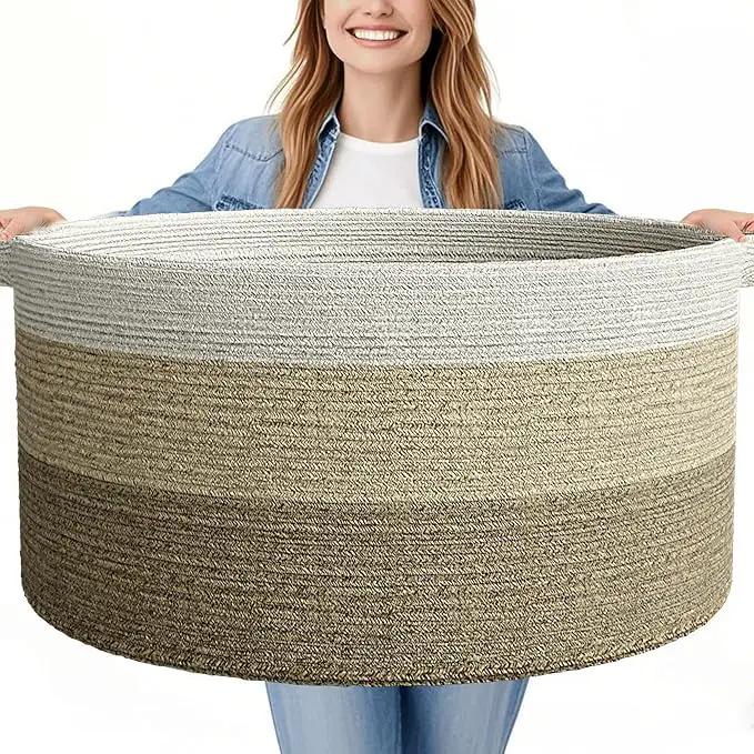 125L Extra Large Blanket Basket, 25" x 16", Jumbo Laundry Woven Basket Decorative Home, Cotton Rope Basket with Handles, Baby Toy Basket for Storage, Gradual Brown, 2PC by GreenHaven Gardens