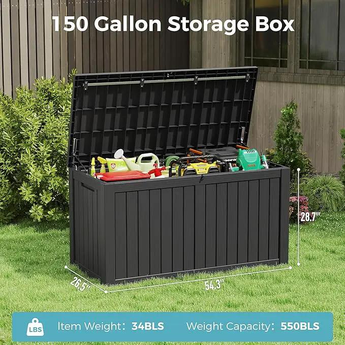KAMABOKO Outdoor Storage Box, 150 Gallon Large Outdoor Resin Deck Box, Storage Waterproof Boxes Lockable Lid for Garden Tools, Pool Supplies, Patio Furniture and Cushions, Black by GreenHaven Gardens