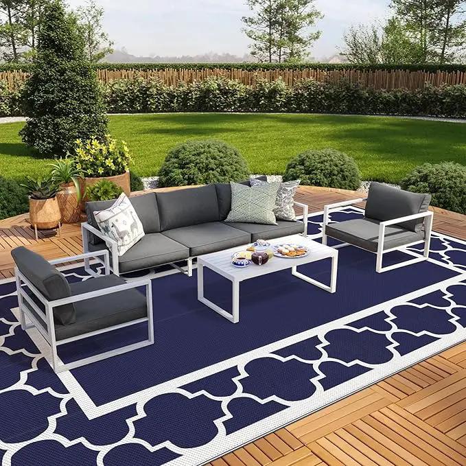 GENIMO 10 ' x 20 ' Outdoor Rug Waterproof for Patio Decor, Foldable Reversible Plastic Straw Area Rugs Mat for Camper, Outside Carpet for Rv, Deck, Porch, Picnic, Beach, Balcony, Blue & White by GreenHaven Gardens