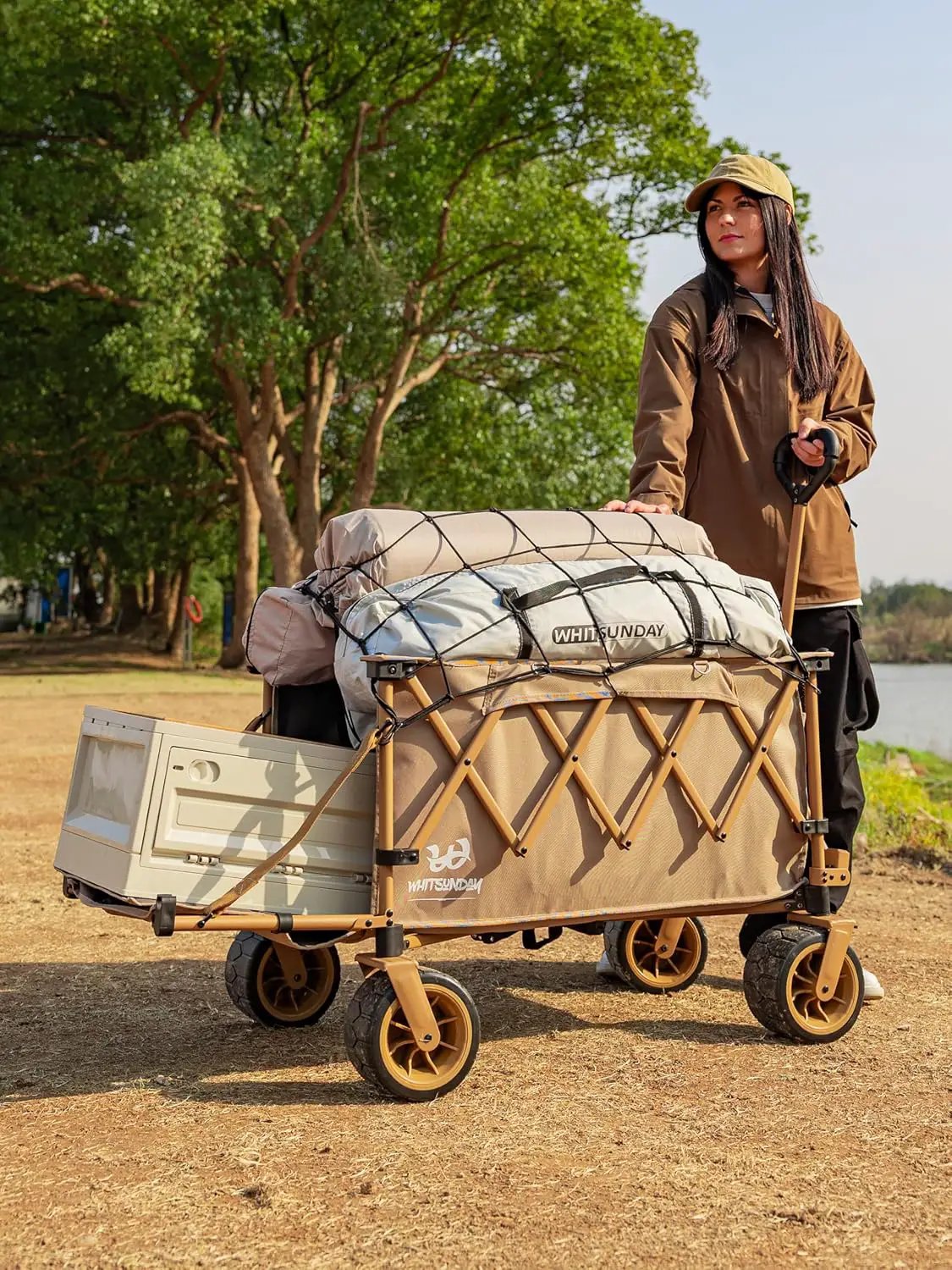 Whitsunday Collapsible Folding Wagon with Table,Heavy Duty Utility Beach Wagons with Opened Tailgate and All-Terrain Wheels for Camping,Garden,Sports Khaki by GreenHaven Gardens