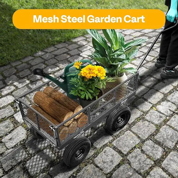 VIVOHOME Heavy Duty 880 Lbs Capacity Mesh Steel Garden Cart Folding Utility Wagon with Removable Sides and 4.10/3.50-4" Wheels 10 inch Tire (Grey) by GreenHaven Gardens