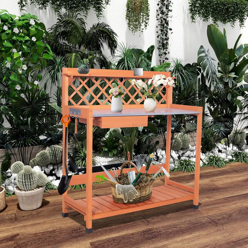 Outdoor Potting Bench & Wooden Gardening Work Station Planting Table with Metal Tabletop, Drawer, Storage, and Hooks by GreenHaven Gardens