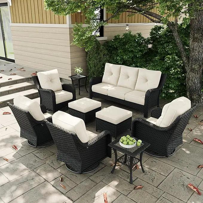9 Pieces Outdoor Patio Furniture Sets with Rocking Swivel Chairs with 6-inch Thick Cushion and Side Table for Deck Lawn by GreenHaven Gardens