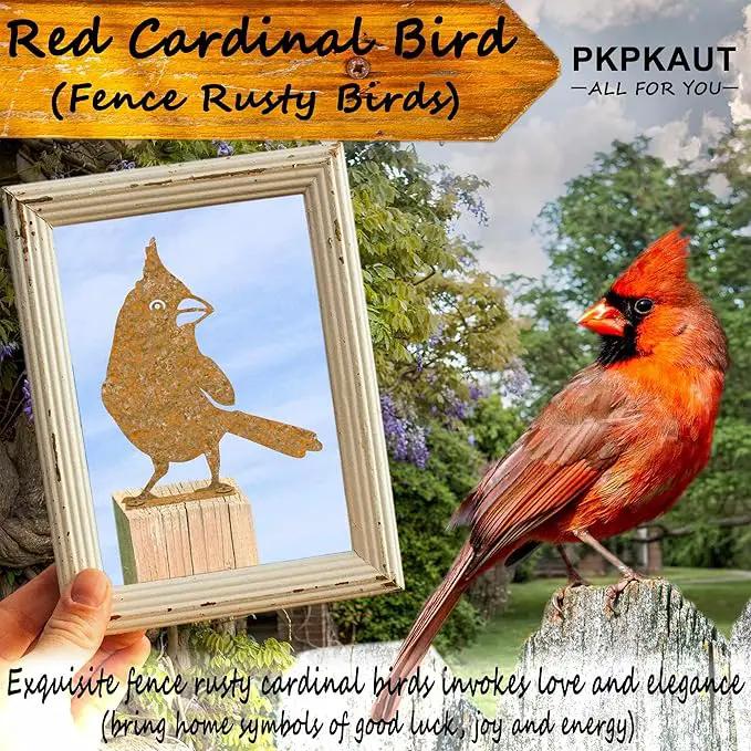 5Pcs Metal Birds Cardinal Craft Statue Ornaments Fence Topper Decor, Rusty Birds Metal Art for Fence Decorations Outdoor, Metal Bird Silhouette with Rusty Yard Art by GreenHaven Gardens