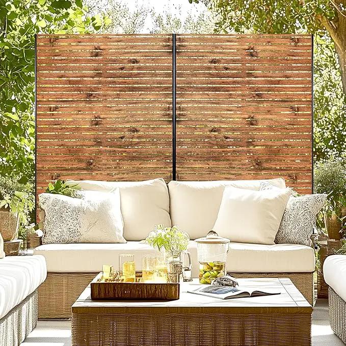 Metal Privacy Screen, 72" H×47" W Outdoor Privacy Screen, Freestanding Decorative Privacy Screen for Deck Balcony Patio, Natural Wood Brown by GreenHaven Gardens