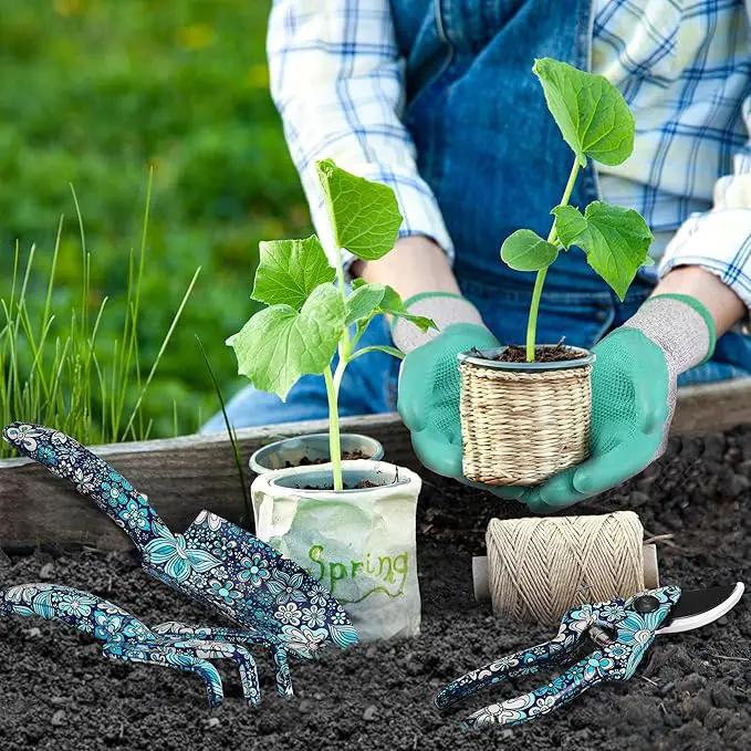 WORKPRO Aluminum Garden Tool Set, 4PCS Heavy Duty Hand Garden Tools with Box Include Trowel, Rake, Pruner, Garden Gloves, Blue Floral, Garden Gifts by GreenHaven Gardens