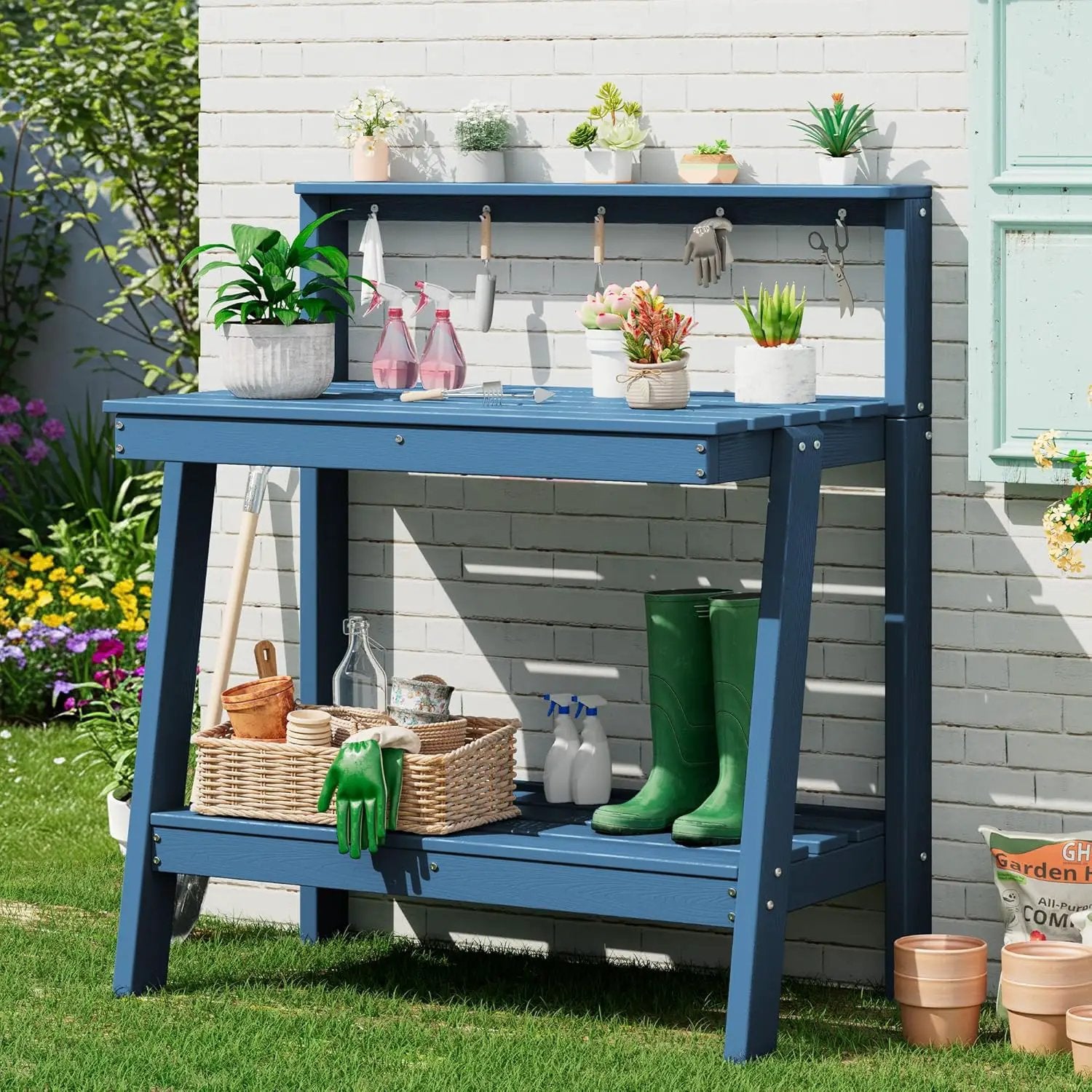 SERWALL Potting Bench Outdoor with Storage, 3-Tier HDPE Gardening Table with Angled Legs & Tool Hooks, All-Weather Heavy Duty Potting Table for Patio, Backyard, Garden, Blue by GreenHaven Gardens