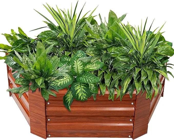 Sunnydaze 11.75" H Raised Metal Garden Bed - Galvanized Raised Garden Bed Outdoor for Vegetables and Flowers - Woodgrain - Hexagon by GreenHaven Gardens