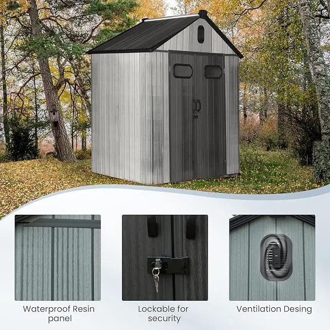 Domi 6x4 FT Outdoor Resin Storage Shed, All-Weather Double-Wall Storage Building for Backyard, Garden, Lawn Tools, Mower, Bike & Pool Equipment, Lockable Doors, Ventilated Roof, Grey by GreenHaven Gardens