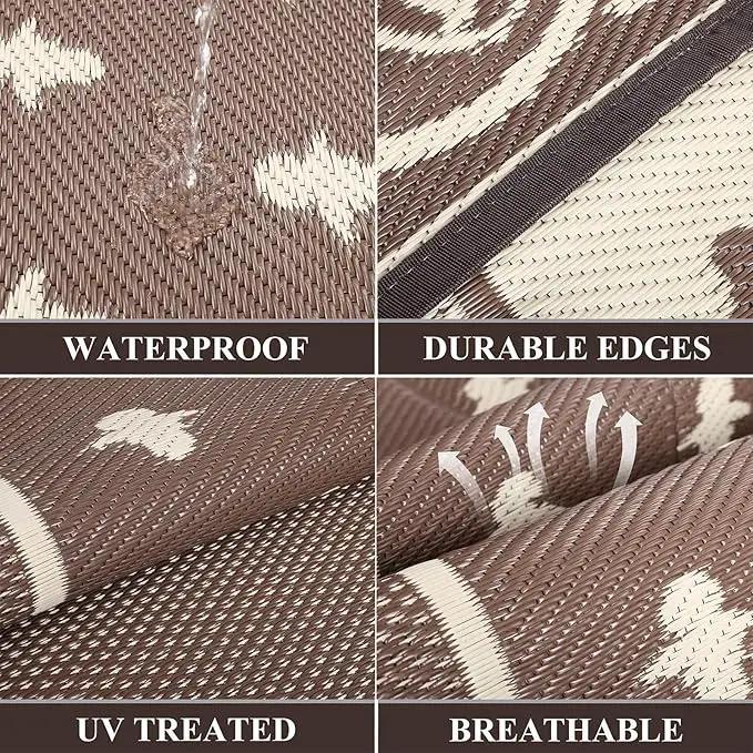 Pauwer Waterproof Outdoor Rug 8x10, Reversible Plastic Straw Patio Camping Rug, Indoor Outdoor RV Mat Carpet for Deck, Camper, Porch, Balcony, Backyard, Picnic, Bordered Brown by GreenHaven Gardens