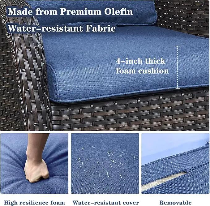 Wicker Outdoor Furniture Patio Furniture Set - 6 Piece Patio Conversation Set with Swivel Rocker Chairs, Rattan Sofa, Ottomans and Coffee Table, Blue Cushion by GreenHaven Gardens