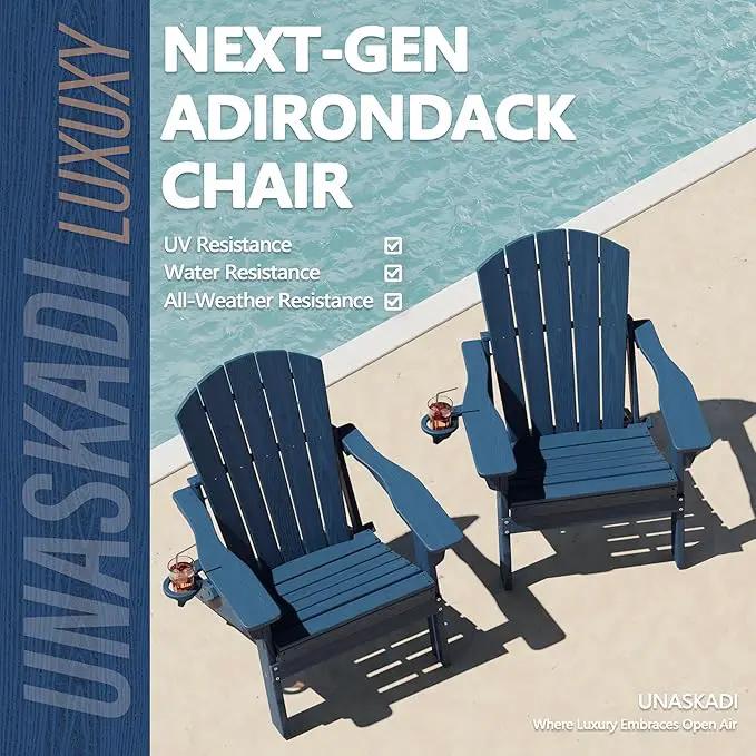 Folding Adirondack Chair with Cup Holder, HDPE All Weather Resistant Plastic Outdoor Patio Chairs, Heavy Duty Fire Pit Seating for Backyard Lawn Garden, Wooden Textured Design(Navy Blue) by GreenHaven Gardens