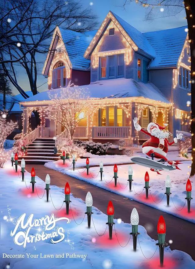 C9 LED Christmas Lights Outdoor with Stakes, 25.7 Feet 20 LED C9 Strawberry String Lights, Connectable Shatterproof Pathway Lights Marker for Path, Lane, Patio, Xmas Holiday Decorations, Red and White by GreenHaven Gardens