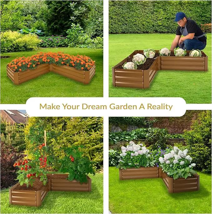 Sunnydaze 11.75" H Raised Metal Garden Bed - Galvanized Raised Garden Bed Outdoor for Vegetables and Flowers - Brown - L-Shaped by GreenHaven Gardens