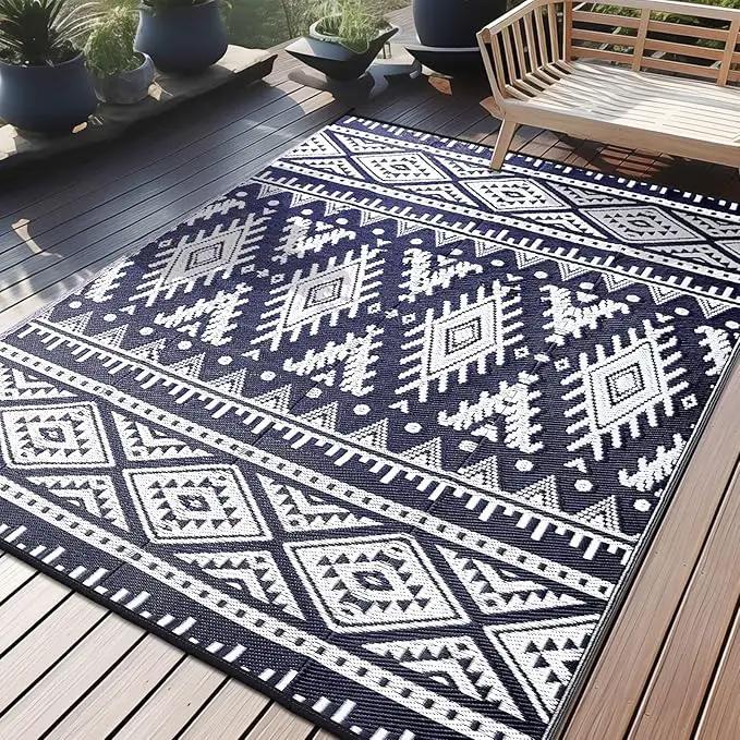 OLANLY Outdoor Rug Waterproof 6x9 ft, Reversible Outdoor Plastic Straw Rug, Boho Patio Rug, Indoor Outdoor Carpet, RV Mat Outside for Patio, Camp, Picnic, Balcony, Deck, Backyard, Navy & White by GreenHaven Gardens