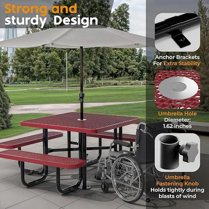 Metal Picnic Tables for Outdoors with Umbrella Hole - Coated Steel Heavy Duty Commercial Grade Table with Adjustable Seats (Red, 46 in, Square, Expanded Steel) by GreenHaven Gardens