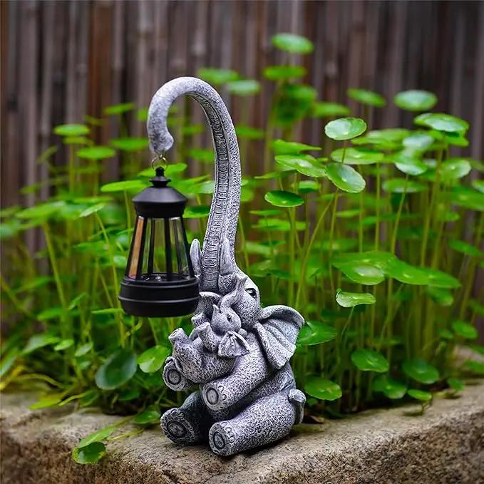 Elephant Outdoor Statues with Cute Baby Garden Decor, Resin Elephant Figurines with Solar Lantern Outdoor Decoration Gifts for Mothers Day, Birthday Day by GreenHaven Gardens