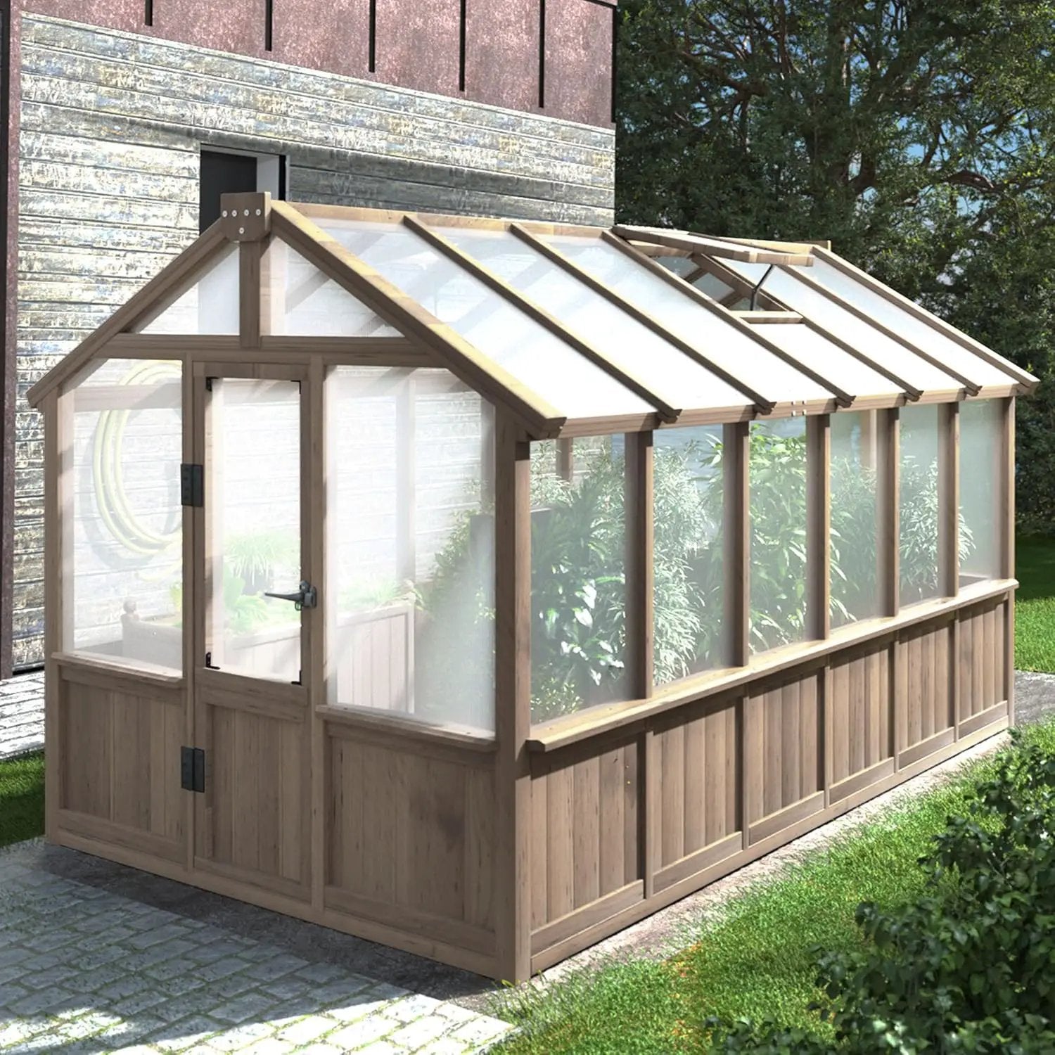 Mupater 6'x12' Wooden Polycarbonate Greenhouse,Outdoor with Ventilated Window and Lockable Door, Walk-in Greenhouse for Backyard, Patio, Lawn, Brown by GreenHaven Gardens