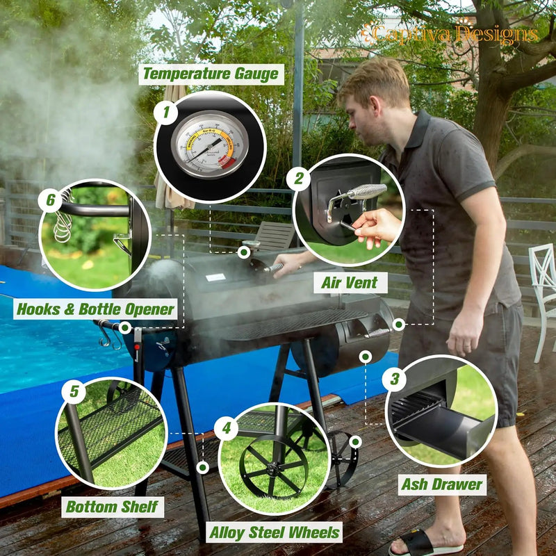 Captiva Designs Heavy Duty Outdoor Smoker,Extra Large Cooking Area(941 sq.in. in Total) Offset Smoker, Best Charcoal Smoker and Grill Combo for Outdoor Garden Patio and Backyard Cooking by GreenHaven Gardens