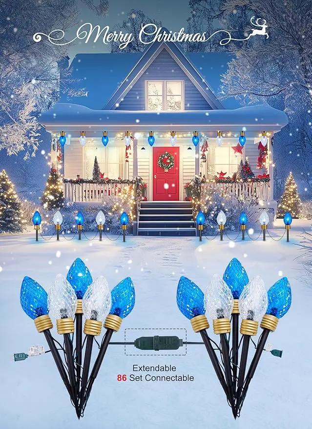Brightown Strawberry Jumbo C9 Christmas Pathway Lights Outdoor -2 Pack Total 17 Feet 10 LED Jumbo C9 Walkway Lights, Christmas Lights Outdoor Decorations for Lawn Outside Holiday, Blue & Pure White by GreenHaven Gardens