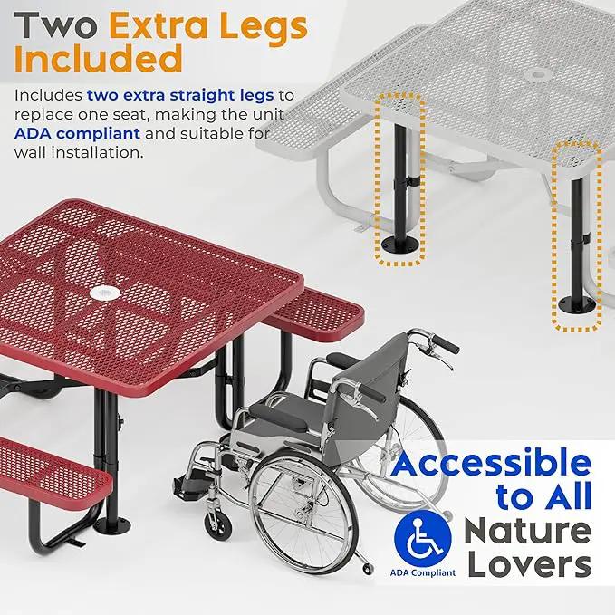 Metal Picnic Tables for Outdoors with Umbrella Hole - Coated Steel Heavy Duty Commercial Grade Table with Adjustable Seats (Red, 46 in, Square, Expanded Steel) by GreenHaven Gardens