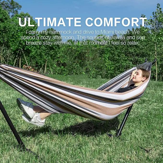 PNAEUT Double Hammocks with Stand for Outside, Portable Space Saving Heavy-Duty Steel Stand for Indoor Outdoor Patio with Carrying Bag, 450 lbs Capacity (Coffee) by GreenHaven Gardens