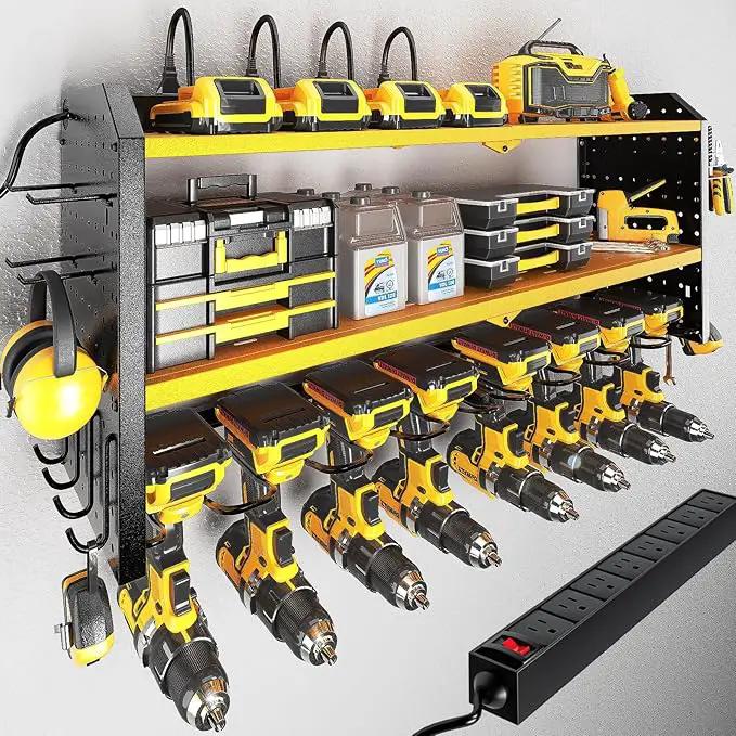 KAFAHOM Power Tool Organizer with Charging Station, Built in 8 Outlet Power Strip,Large 8 Drill Holder Wall Mount, Heavy Duty Metal Power Tool Storage Rack Tool Shelf for Garage Organization Yellow by GreenHaven Gardens