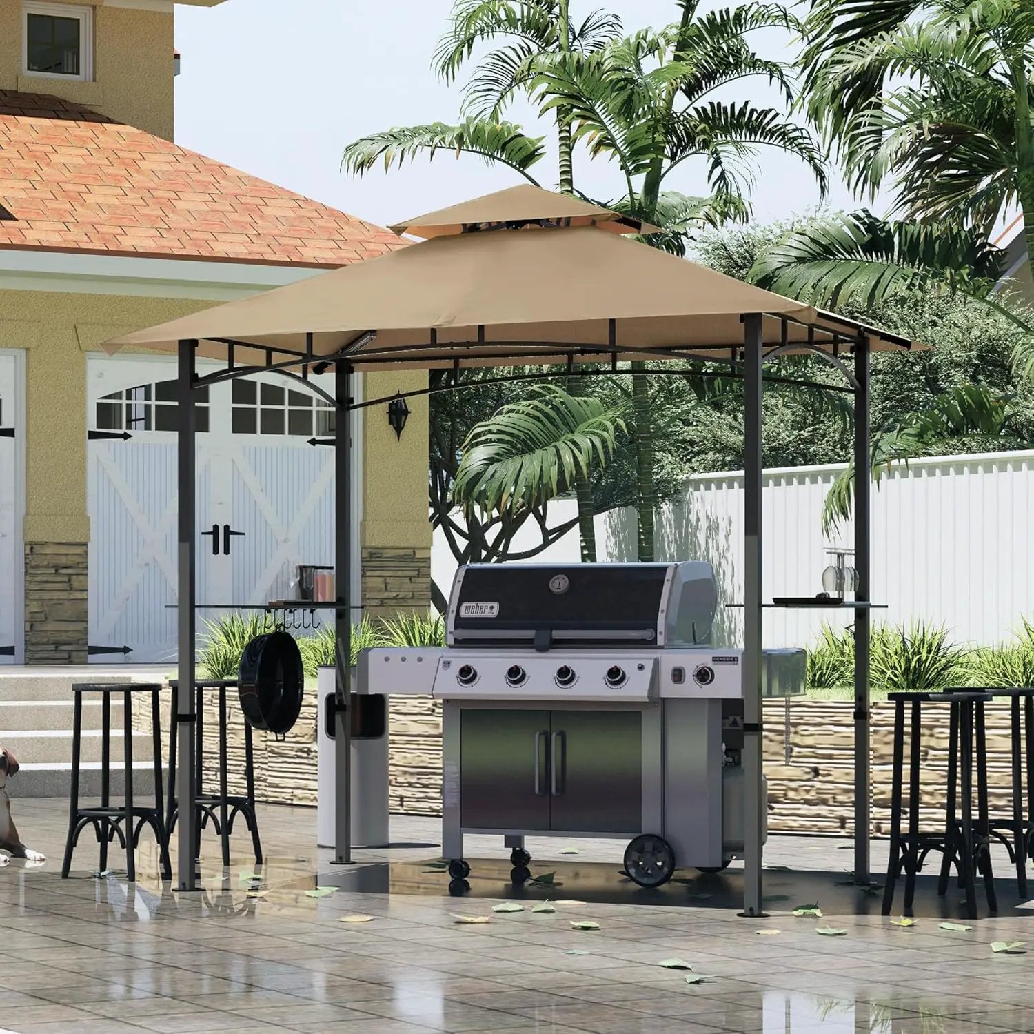 MASTERCANOPY 8 x 5 Grill Gazebo Outdoor BBQ Gazebo Canopy with 2 LED Lights (Khaki) by GreenHaven Gardens