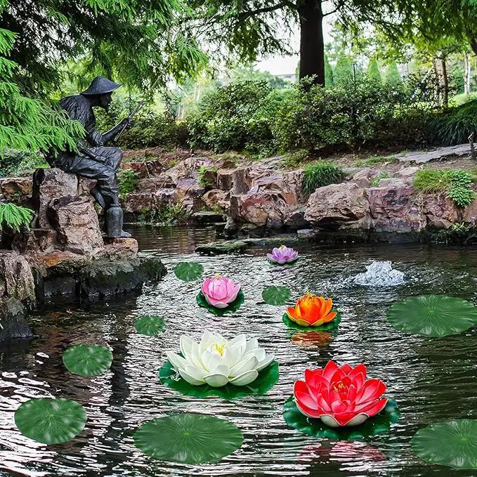 Artificial Lily Pads for Pond, 11in & 6in Artificial Flowers Floating Foam Lotus Flower with Fake Lily Pads, for Pool Garden Koi Fish Pond Aquarium Pool Wedding Decor, 14PCS by GreenHaven Gardens