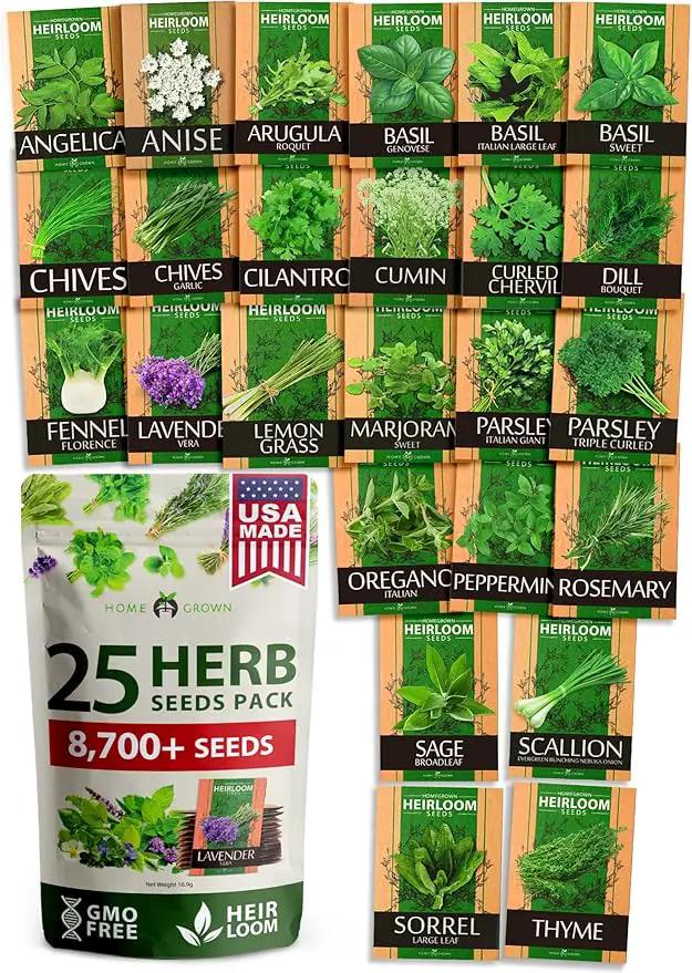 HOME GROWN 25 Herb Seeds for Planting 8,700+ Non-GMO Heirloom Seeds | Extra Large Variety Pack Herb Kit – Indoor Outdoor & Hydroponic | Culinary Seed Set | Grow Your Own Herbs | Gardening Gift by GreenHaven Gardens