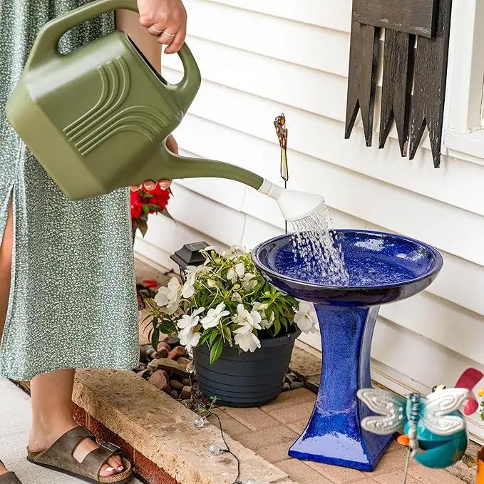 Sunnydaze Ceramic Bird Bath for Outside - 16" H - UV- and Frost-Resistant - Pedestal Bird Bath - Blue Glazed Bowl - Blue Glaze Finish by GreenHaven Gardens
