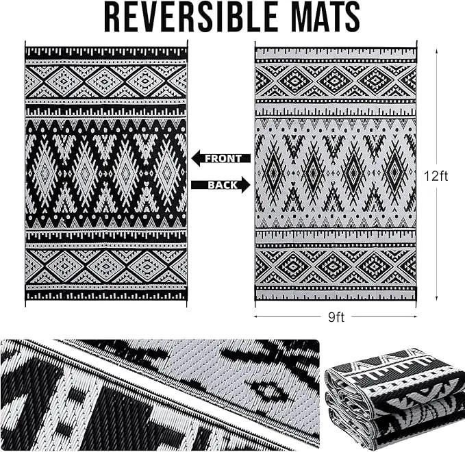 OLANLY Outdoor Rug Waterproof 9x12 ft, Reversible Outdoor Plastic Straw Rug, Boho Patio Rug, Indoor Outdoor Carpet, RV Mat Outside for Patio, Camp, Picnic, Balcony, Deck, Backyard, Black & White by GreenHaven Gardens