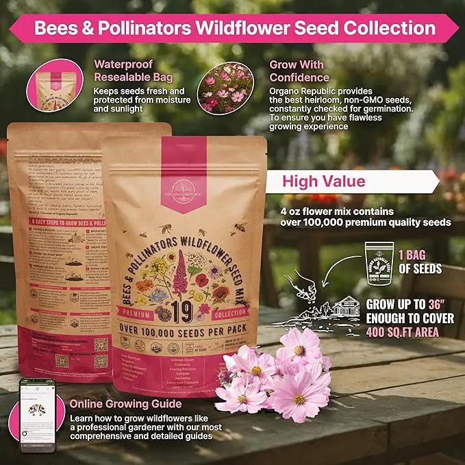 Organo Republic 19 Annual & Perennial Wildflower Seeds Mix for Indoor and Outdoors, Attract Bees & Butterflies. 100,000+ Non-GMO, Heirloom Wildflower Garden Seeds, 4oz Packet for Growing Wild Flowers by GreenHaven Gardens