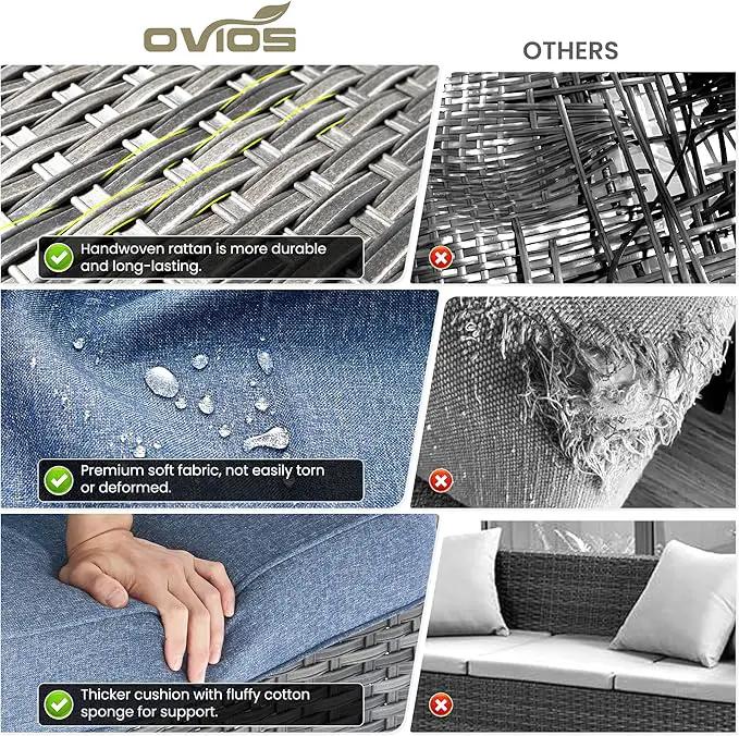 ovios 6 Pieces Patio Furniture Set with 42" Fire Pit Table, Outdoor Wicker Sofa with Ottomans, Comfy Cushions, High Back Couch Conversation Set, Grey Rattan, Denim Blue by GreenHaven Gardens