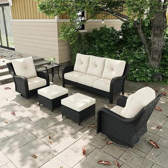 6 Pieces Outdoor Patio Furniture Sets with Rocking Swivel Chairs with 6-inch Thick Cushion and Side Table for Deck Lawn by GreenHaven Gardens