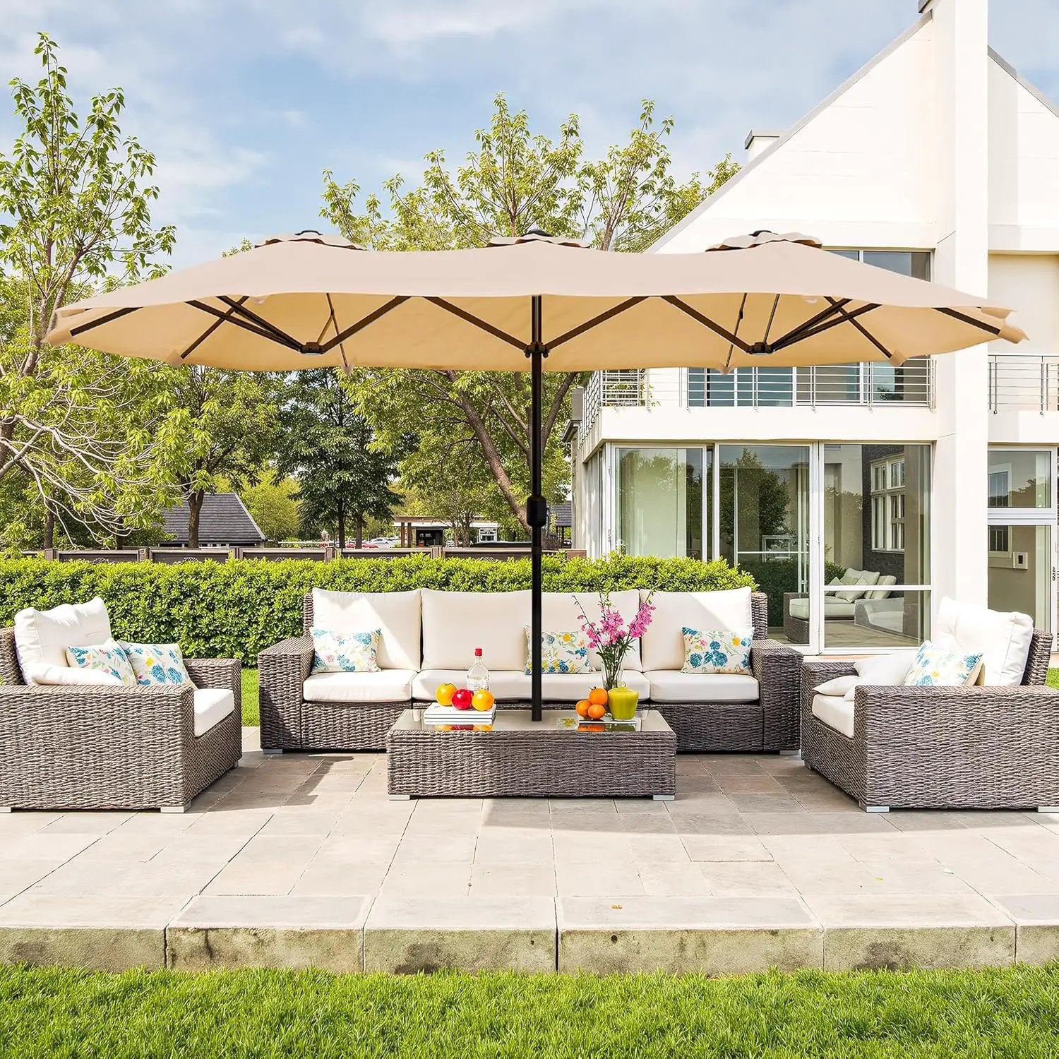 Vongrasig 15FT Large Patio Umbrella with Base Included, Outdoor Double sided Umbrellas with Crank Handle, Rectangle Table Umbrella for Pool Lawn Garden Market by GreenHaven Gardens
