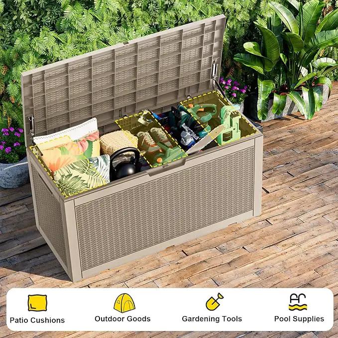 100 Gallon Waterproof Outdoor Storage Box,Resin Deck Box,Lockable Outside Storage Box Container for Patio Furniure,Garden,Pool Tools (100 Gallon,Grey pattern) by GreenHaven Gardens