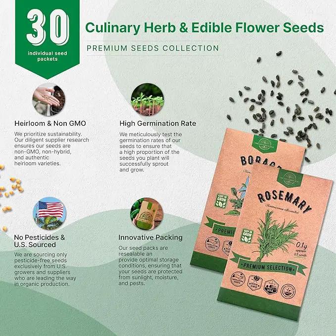 Organo Republic 30 Culinary Herbs & Edible Flower Seed Variety Pack- Indoor/Outdoor. 14000+ Non-GMO Heirloom Flower Seeds: Basil, Borage, Echinacea, Lavender, Oregano, Rosemary Seeds & More by GreenHaven Gardens
