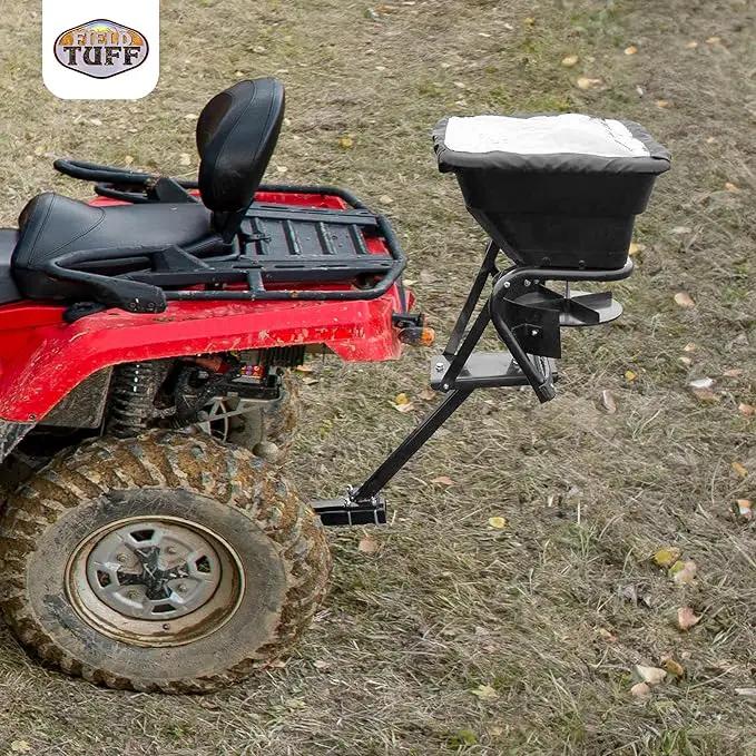 Field Tuff 12V 80 Pound Capacity Grass Seed Fertilizer Spreader with Hitch Mount Receiver and Rain Protector for ATV, UTV, or Utility Tractor by GreenHaven Gardens