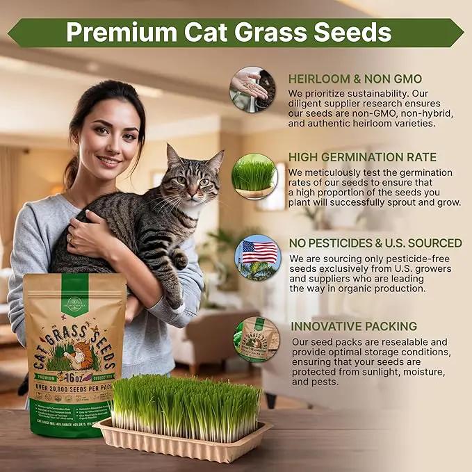 Organo Republic Cat Grass Seeds Mix - 20,800 Non-GMO Heirloom Seeds for Cats & Pets, 16 oz Pack for Growing Fresh Barley, Oat, Rye & Wheat Grass Seeds for Planting, Indoor Plants, Hairball Remedy by GreenHaven Gardens