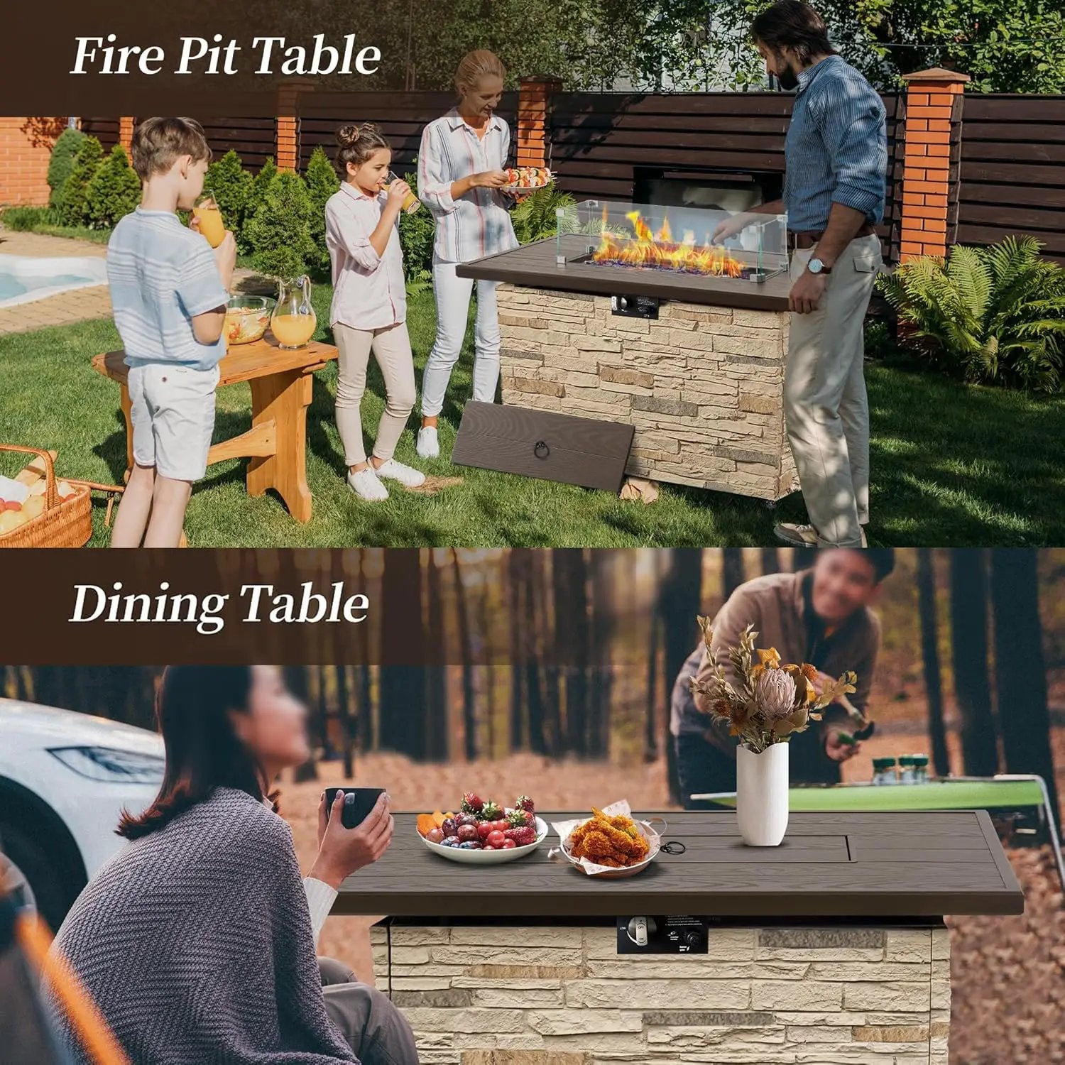 43¡± Propane Fire Pit Table Outdoor Rectangular Stone Firepit Table 50,000 Btu Propane Fire Tables for Outside Patio with Glass Wind Guard, Lid, Fire Glass Beads,Buff Rock Look by GreenHaven Gardens