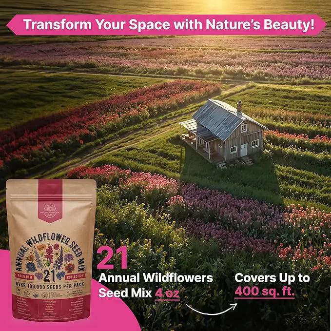 Organo Republic 21 Annual Wildflower Seeds Mix for Indoor & Outdoors. 100,000+ Non-GMO, Heirloom Wildflower Garden Seeds, 4oz Packet for Growing Wild Flowers to Attract Bees, Butterflies & Birds by GreenHaven Gardens