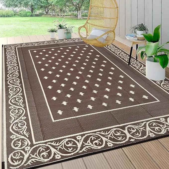 Pauwer Waterproof Outdoor Rug 8x10, Reversible Plastic Straw Patio Camping Rug, Indoor Outdoor RV Mat Carpet for Deck, Camper, Porch, Balcony, Backyard, Picnic, Bordered Brown by GreenHaven Gardens