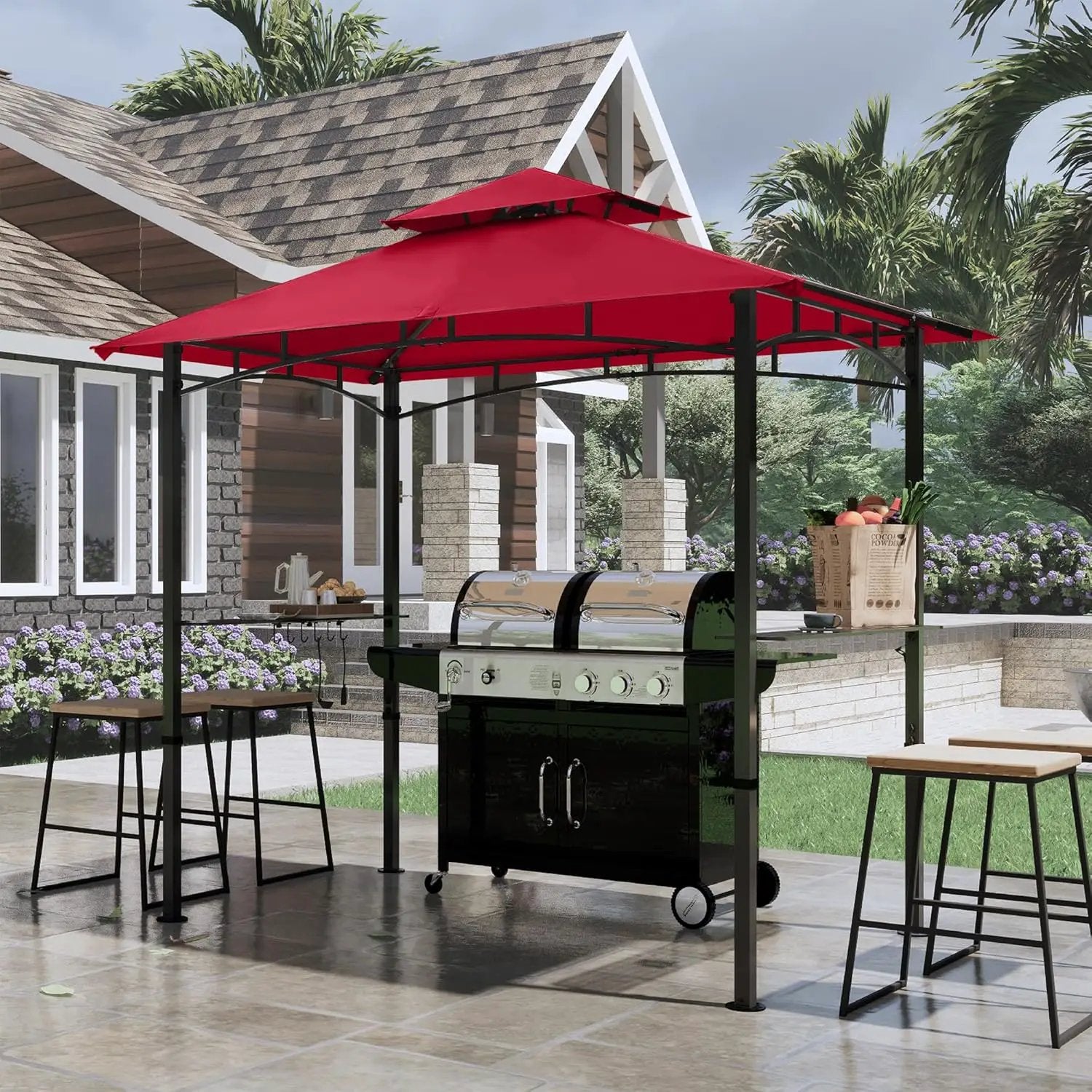 COOSHADE 8'x 5' Grill Gazebo Double Tiered Outdoor BBQ Gazebo Canopy with LED Light (Burgundy) by GreenHaven Gardens